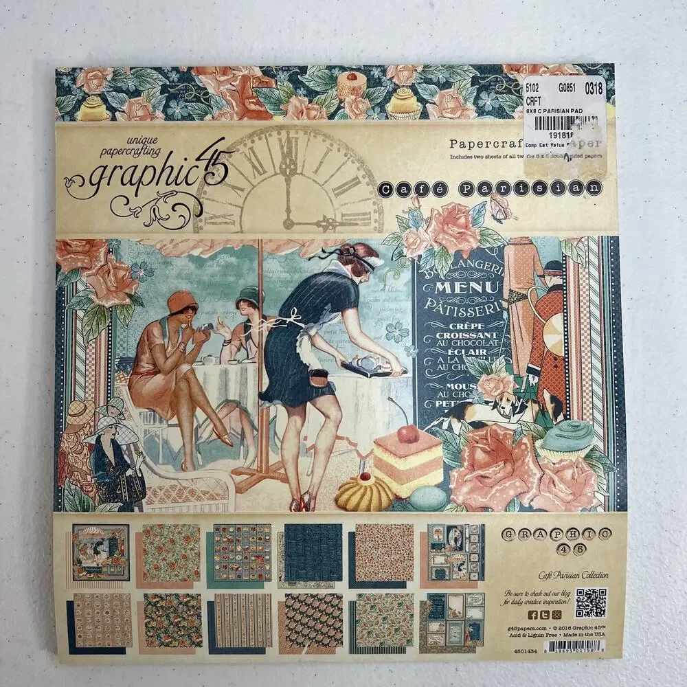 Graphic‎ 45 Cafe Parisian Collection 8 x 8 Paper Pad 2016 Scrapbooking HTF NEW